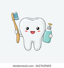 Happy Tooth Cartoon Character Holding Toothbrush and Mouthwash, Dental Hygiene Promotion, Cute Smiling Illustration, Oral Care Awareness