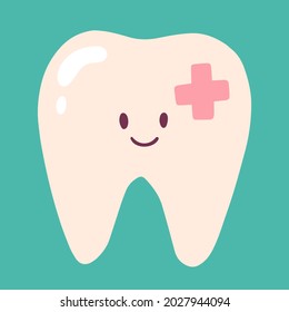 Happy Tooth With Cavity Protection. A Clean Milk Tooth Smiling. Child's Drawing. Vector Hand-drawn Isolated Illustration