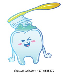 Personaje de dientes feliz. Cepillado de dientes. Higiene oral, limpieza de dientes. Arte vectorial EPS