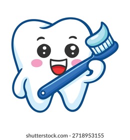 Personagem de dente feliz escovar dentes com escova de dentes