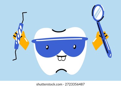 A happy tooth character in a protective mask with a dental mirror and a dental probe in his hands, a funny dentist tooth