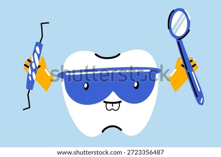 A happy tooth character in a protective mask with a dental mirror and a dental probe in his hands, a funny dentist tooth