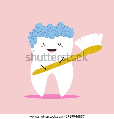 Happy Tooth Character with Toothbrush and Blue Foam to Illustrate Proper Dental Cleaning Routine.