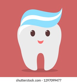 Happy tooth character with toothpaste on the head. Idea of dental and oral care. White molar. Isolated flat vector illustration