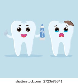 Personagem de dente feliz com pasta de dente e e caráter de dente triste com cárie