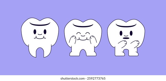 Happy tooth characters with various expressions, perfect for dental health campaigns and children's products in a whimsical cartoon style