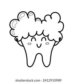 Feliz limpieza dental con espuma de dentífrico en blanco y negro. Página de coloreado de carácter dental saludable para niños. Ilustración del vector