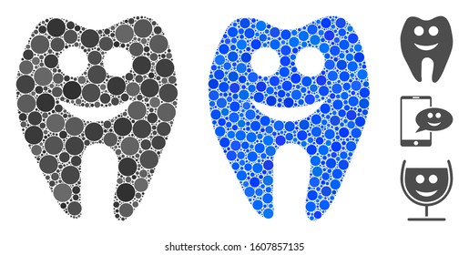 Happy tooth composition of round dots in various sizes and color tints, based on happy tooth icon. Vector round dots are combined into blue illustration.