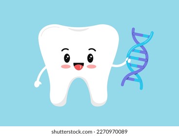 Happy tooth with DNA icon isolated on blue background. Flat cute design kawaii GM dental emoticon. Vector cartoon style teeth character.