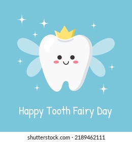 Happy Tooth Fairy Day. Card with cute tooth fairy. Vector illustration