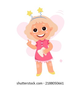 Happy tooth fairy holding lost molar from mouth of baby vector illustration. Cartoon isolated princess with pink wings, tiara and dress flying to little children to help with dental care and hygiene