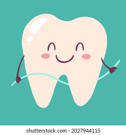 Happy Tooth Flossing Himself. A Clean Milk Tooth Smiling. Child's Drawing. Vector Hand-drawn Isolated Illustration