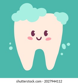 Happy Tooth In Foam. Clean Milk Tooth Smiling In Toothpaste. Child's Drawing. Vector Hand-drawn Isolated Illustration