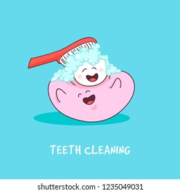 Happy tooth with gum icon. Cute tooth characters. To brush your teeth with toothpaste. Dental personage vector illustration. Illustration for children dentistry. Oral hygiene, teeth cleaning. 