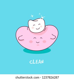 Happy Tooth With Gum Icon. Cute Tooth Characters. Clean Tooth Shinning. Dental Personage Vector Illustration. Illustration For Children Dentistry. Oral Hygiene, Teeth Cleaning. 