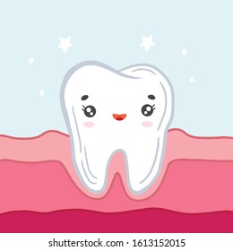 Happy tooth in the gums. Vector illustration in cartoon style. Cute character.