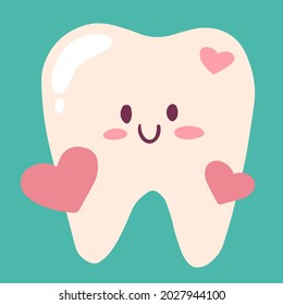 Happy Tooth With Hearts. Clear Milk Tooth Smiling. Baby Drawing. Vector Hand-drawn Isolated Illustration