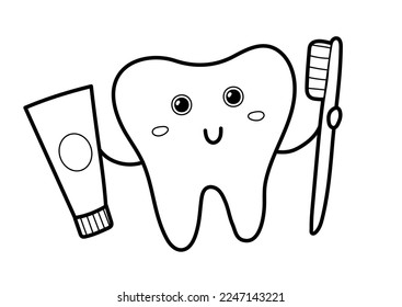 Schöner Zahn, der eine Zahnpasta und eine Zahnbürste hält. Gesunde Zahn-Zeichenzeilenkunst. Vektorgrafik