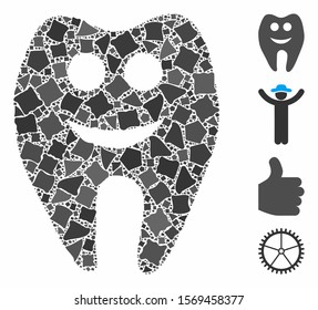 Happy tooth icon composition of rugged elements in different sizes and color tinges, based on happy tooth icon. Vector joggly elements are grouped into collage.