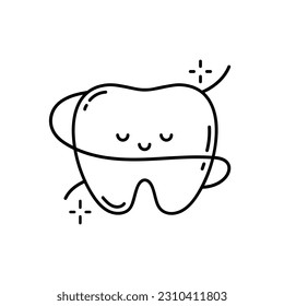 Icono de diente feliz. Carácter dental lindo. Para cepillarse los dientes con hilo dental. Ilustración vectorial de personajes dentales. Ilustración para odontología infantil. Higiene oral, limpieza de dientes. Estilo de línea