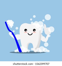 Happy tooth icon. Cute tooth characters. To brush your teeth with toothpaste. Dental personage vector illustration. Illustration for children dentistry. Oral hygiene, teeth cleaning.