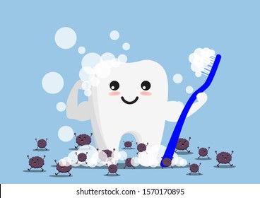 Happy tooth icon. Cute tooth characters. To brush your teeth with toothpaste. Dental personage vector illustration. Illustration for children dentistry. Oral hygiene, teeth cleaning.