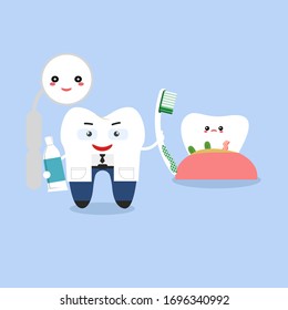 Happy tooth icon. Cute tooth characters.  Dental personage vector illustration. Illustration for children dentistry. Oral hygiene, teeth cleaning.