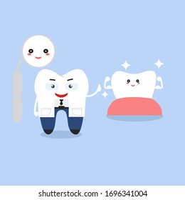 Icono de diente feliz. Caracteres dietéticos.  Ilustración vectorial del personal dental. Ilustración para odontología infantil. Higiene oral, limpieza de dientes.