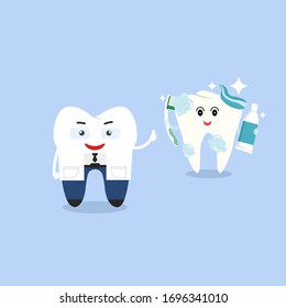 Happy tooth icon. Cute tooth characters.  Dental personage vector illustration. Illustration for children dentistry. Oral hygiene, teeth cleaning.