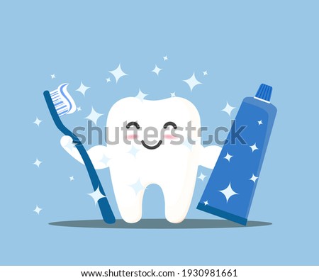 Happy tooth icon. Cute tooth characters. To brush your teeth with toothpaste. Dental personage vector illustration. Illustration for children dentistry. Oral hygiene, teeth cleaning. Foto stock © 
