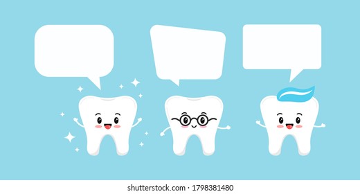 Happy tooth icon set with speach bubbles isolated on blue background. Flat cute design boys dental emoticon - with sparcles, glasses, paste on head. Vector cartoon style teeth characters. 