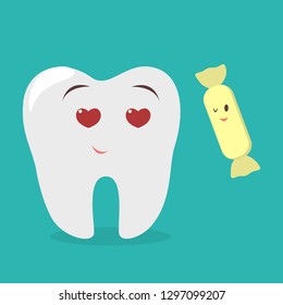 Happy tooth looking at candy. Idea of dental care and harm from dessert. Sweet ful of sugar is bad for teeth. Isolated flat vector illustration