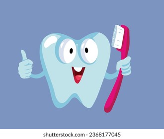 
Happy Tooth Mascot Holding a Toothbrush Vector Cartoon illustration. Cheerful healthy molar having no cavities due to proper hygiene

