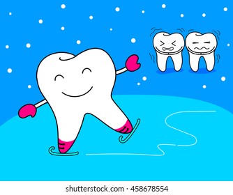 A happy tooth playing ice skate with sensitive tooth. Illustration isolated on blue background. Good for dental care concept.