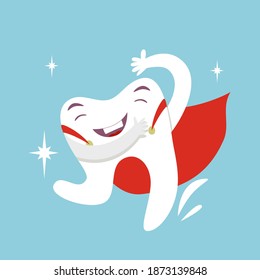 The happy tooth superhero dancing and laughs