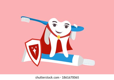 The happy tooth superhero with shield and toothbrush standing on toothpaste