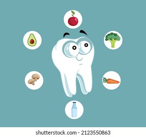 
Happy Tooth Surrounded by Good Food Vector Cartoon. Smiling molar with perfect health condition protected by healthy diet options
