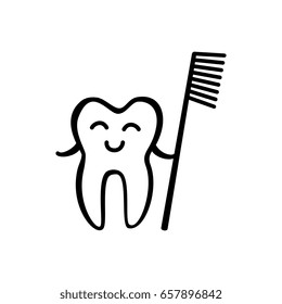 Happy Tooth with Toothbrush Icon Isolated on White Background. Hand Drawn Stomatology Symbol