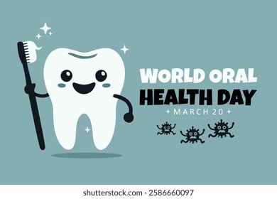 Happy tooth with toothbrush on colored background. World Oral Health Day celebration. Flat vector illustration.