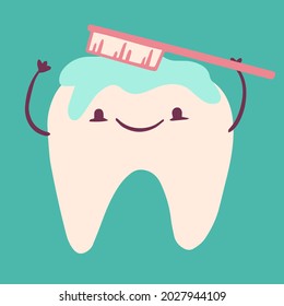 Happy Tooth With Toothbrush In Paste. Clean Milk Tooth Smiling. Child's Drawing. Vector Hand-drawn Isolated Illustration