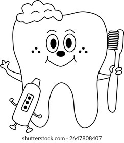 Happy tooth with toothbrush and toothpaste funny cartoon on character line art