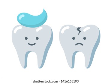 Happy tooth with toothpaste on head and sad cracked tooth with broken enamel. Funny cute cartoon flat vector illustration of dental care, healthy mouth hygiene, dental problem, teeth character.