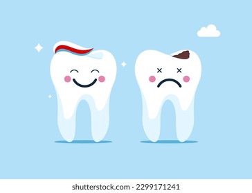 Happy tooth with toothpaste on head and sad tooth with broken enamel. Dental care, dental problem, healthy mouth hygiene, . Modern vector illustration in flat style