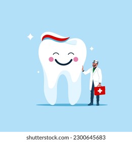 Feliz diente con pasta dental en la cabeza. Atención dental, higiene bucal saludable, problema dental. Ilustración vectorial moderna en estilo plano