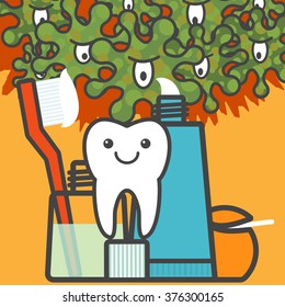Happy tooth under reliable protection of toothbrush, mouthwash, toothpaste and dental floss. Hygiene things against bacterias and disease. Teeth and oral hygiene concept. Vector illustration.