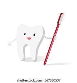Happy tooth vector cartoon mascot character holding toothbrush.  Illustration isolated on white