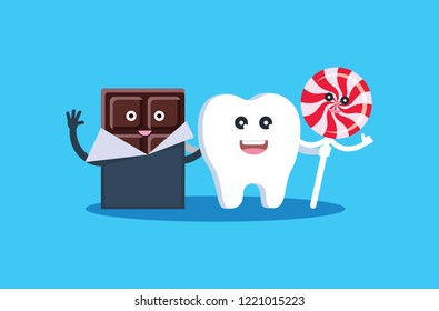 Happy tooth, who is not afraid to eat chocolate and candy, a healthy tooth.