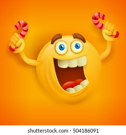 Happy toothy yellow round face with candys. Vector illustration