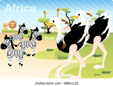 Happy Tour with Cute Animals - traveling in Africa with young people and scene of wildlife on the grassland background with blue sky and green plains : vector illustration