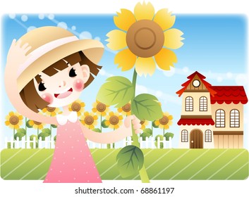 Happy Tour with Cute Child - traveling in beautiful countryside with smiling lovely girl on summer vacation background with bright sunny and blue sky : vector illustration